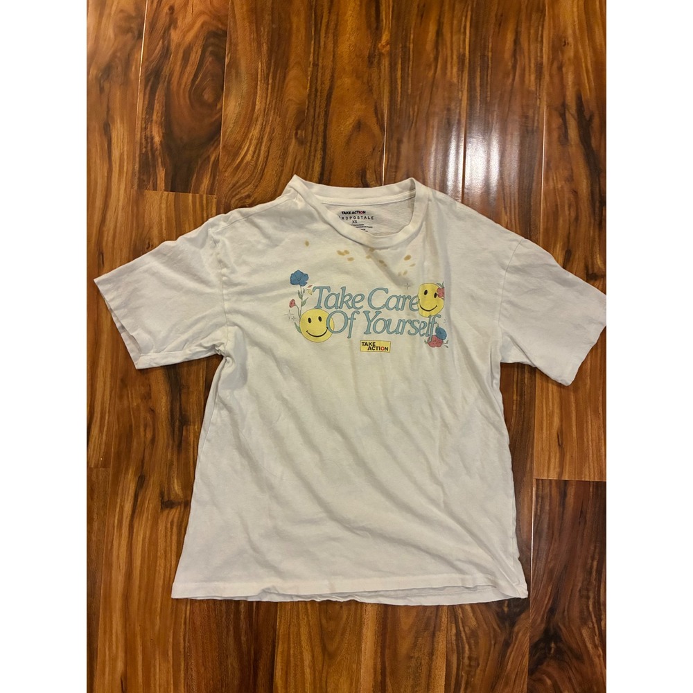 Aeropostale Take Action Smiley Face Graphic Tee White XS Take Care Of Yourself